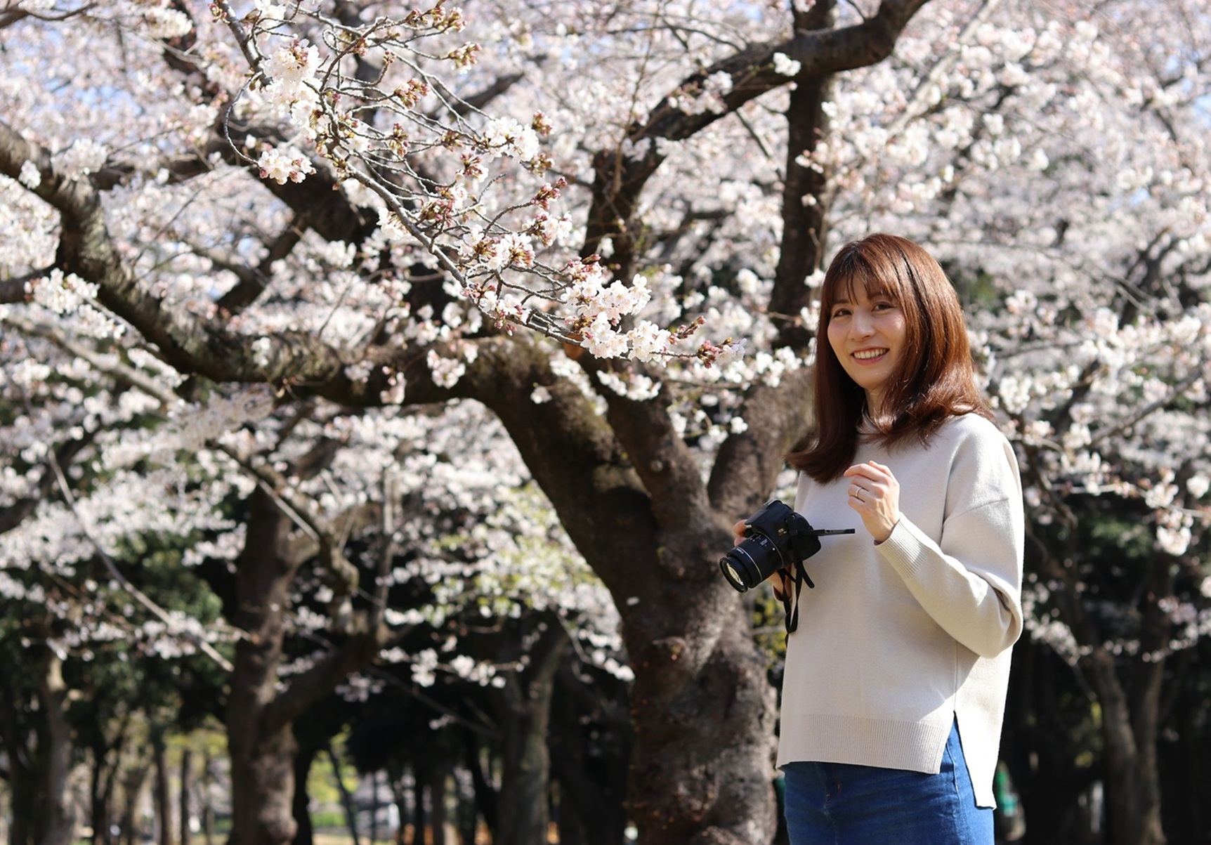 桜の下でカメラを持つ千種ゆり子